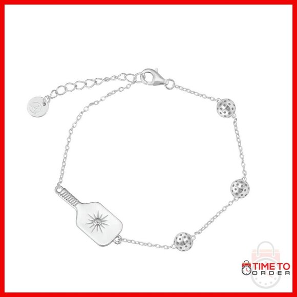 Sterling Silver Pickleball Charm Bracelet 7-8 Inch Adjustable